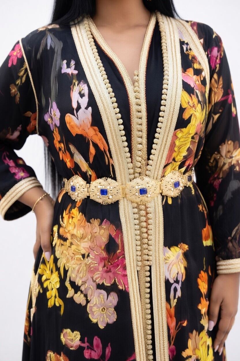 تكشيطة سوداء فخمة بنقشة الورود وحزام ذهبي