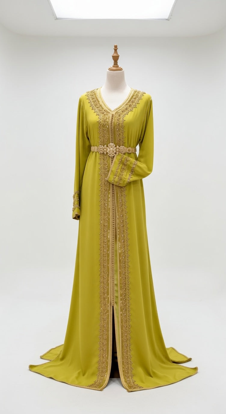 قفطان "شمس المنارة" الأصفر بتطريز ذهبي ملكي