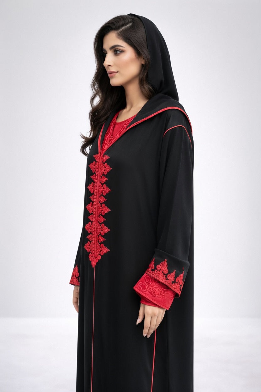 جلابة سوداء أنيقة بتطريز أحمر فاخر