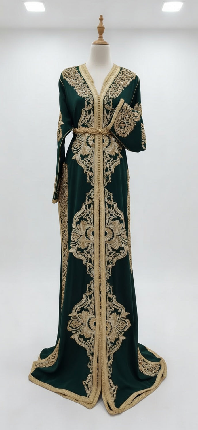 قفطان "زمردة الأطلس" الملكي بتطريز ذهبي عريض