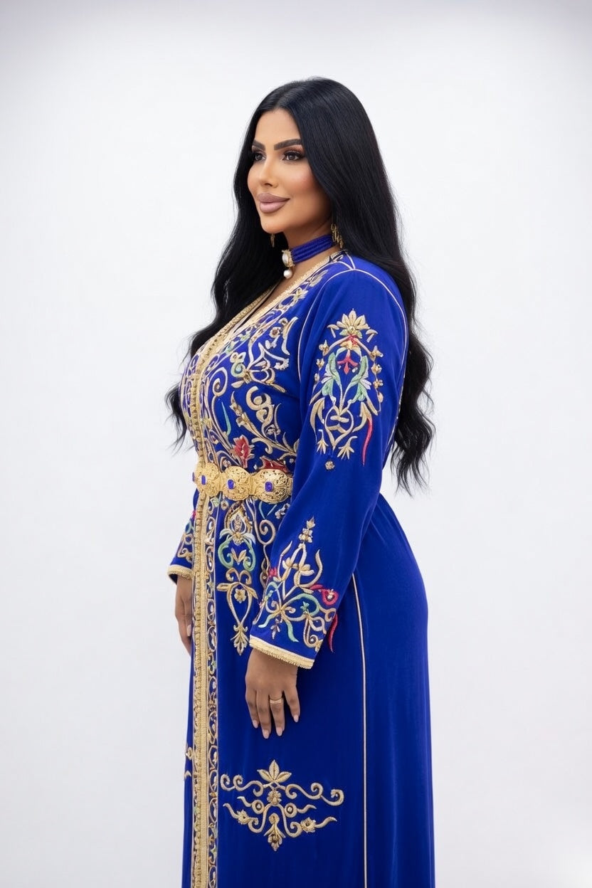 تكشيطة زرقاء ملكية بتطريز ذهبي فاخر