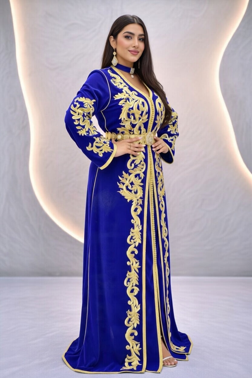 تكشيطة زرقاء ملكية بتطريز ذهبي فاخر