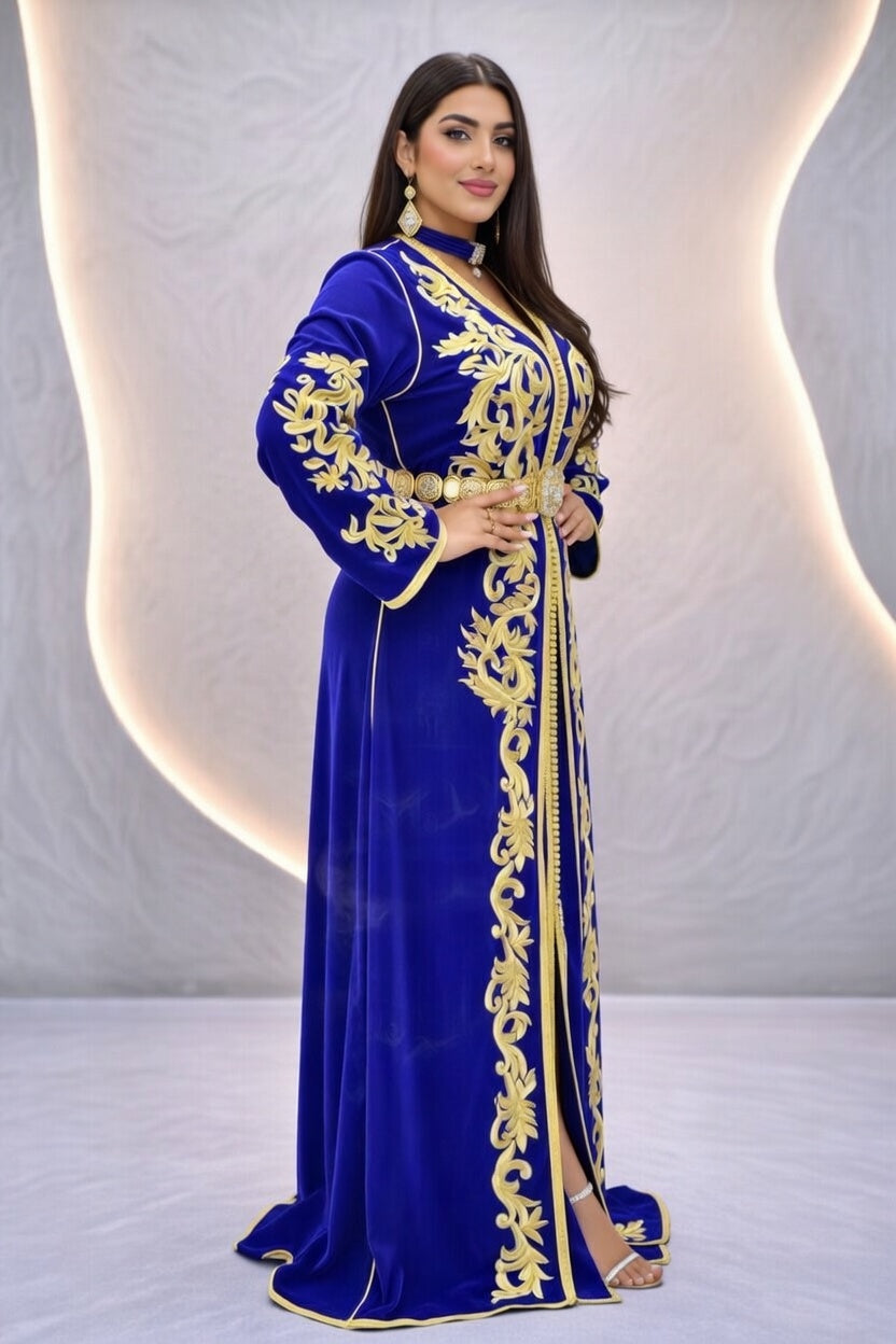 تكشيطة زرقاء ملكية بتطريز ذهبي فاخر