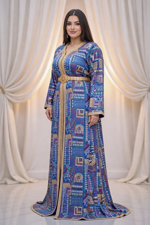 تكشيطة زرقاء فخمة بنقوش تقليدية وتطريز ذهبي