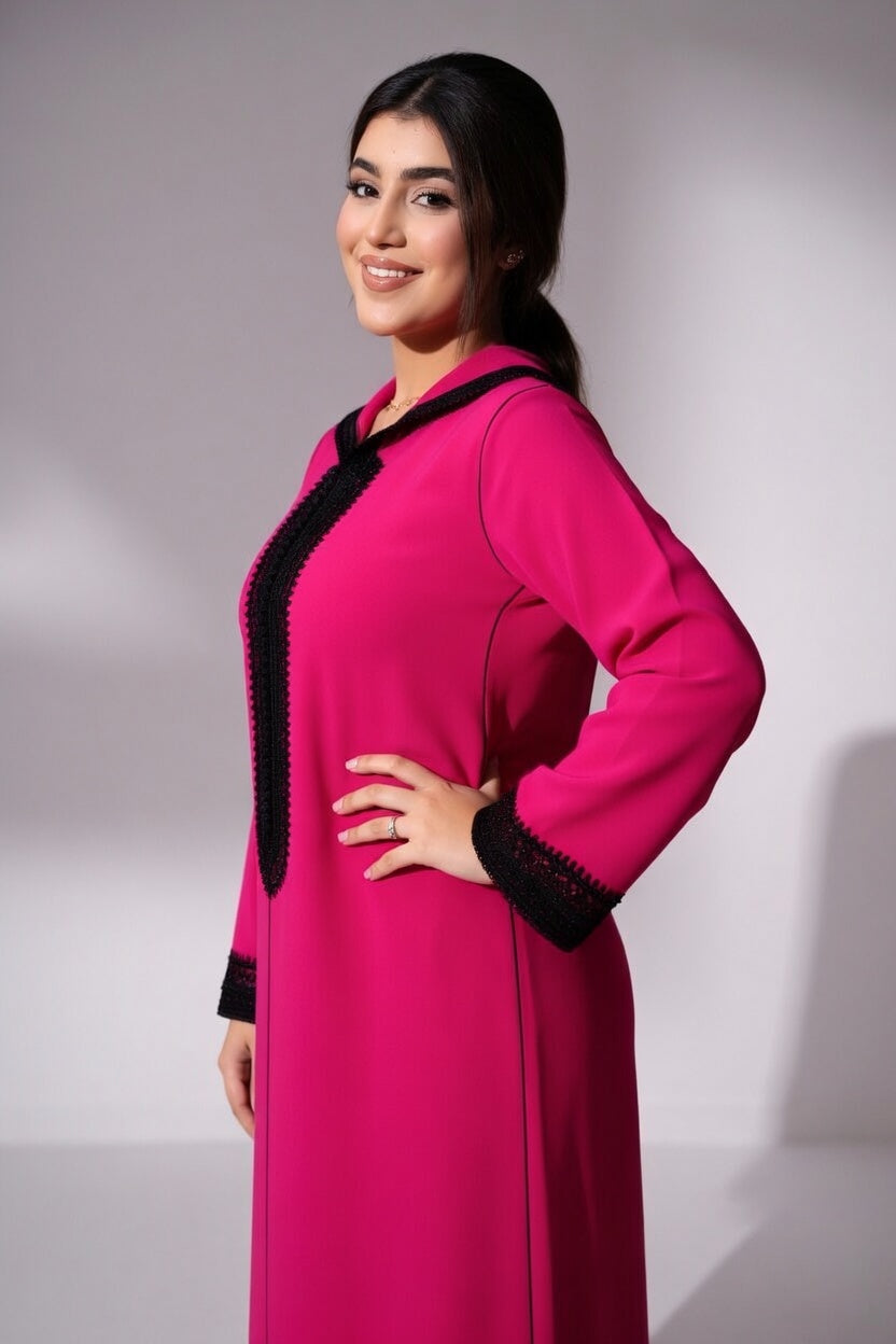جلابة عصرية باللون الفوشيا بتطريز أسود أنيق