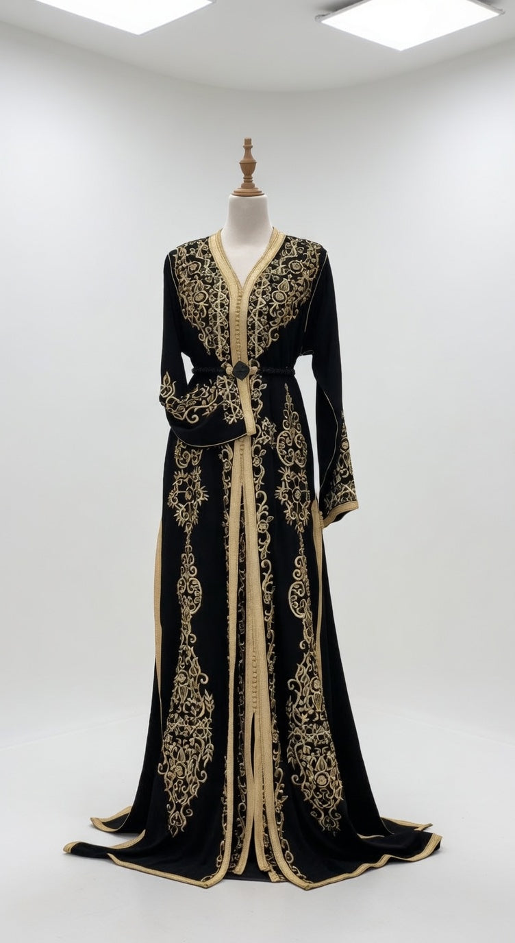 قفطان "سهرة المنارة" الأسود بتطريز ذهبي ملكي متناظر