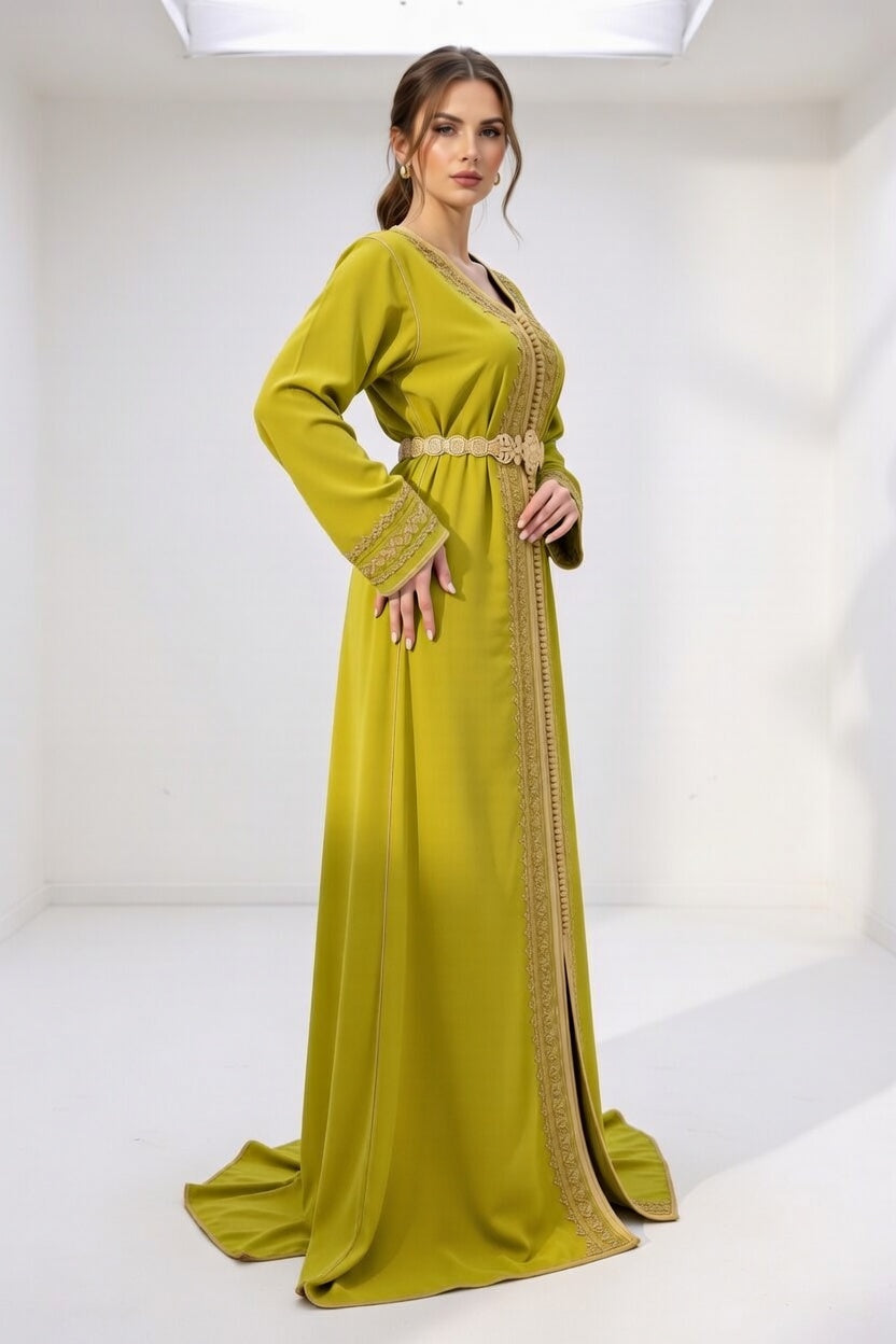 قفطان "شمس المنارة" الأصفر بتطريز ذهبي ملكي