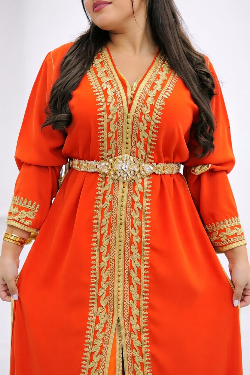تكشيطة برتقالية فخمة بتطريز ذهبي ملكي
