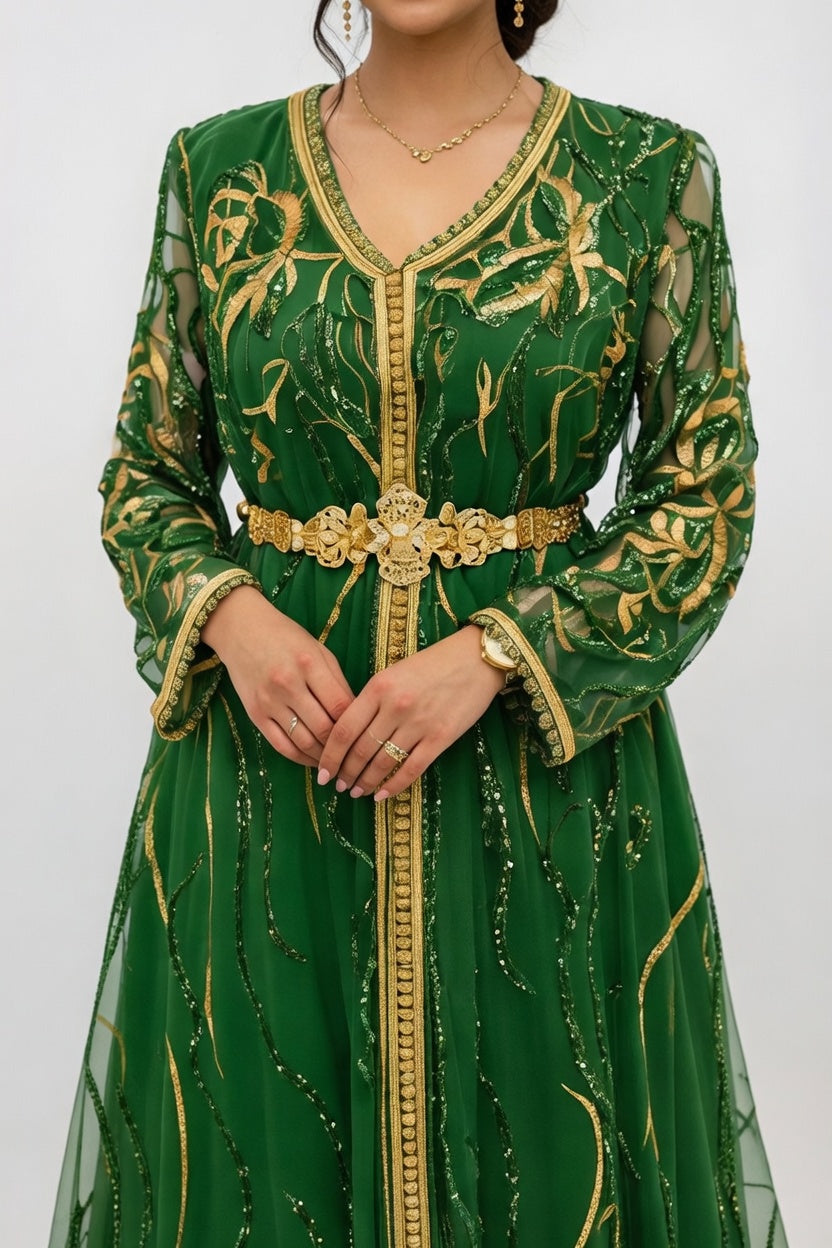 قفطان "نسمة المنارة" الأخضر الزمردي من الشيفون المرصع