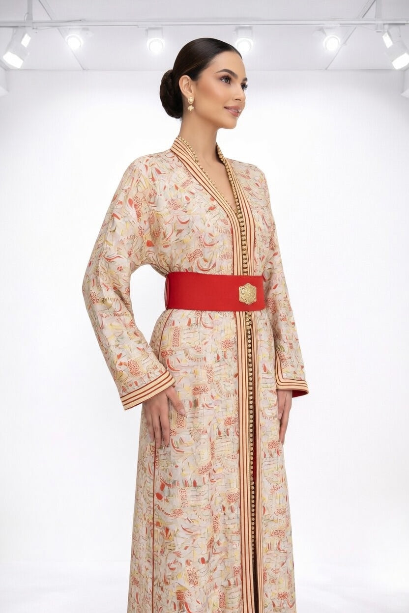 تكشيطة بيج بنقوش تقليدية مع حزام أحمر أنيق