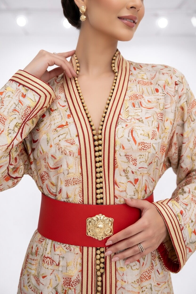 تكشيطة بيج بنقوش تقليدية مع حزام أحمر أنيق
