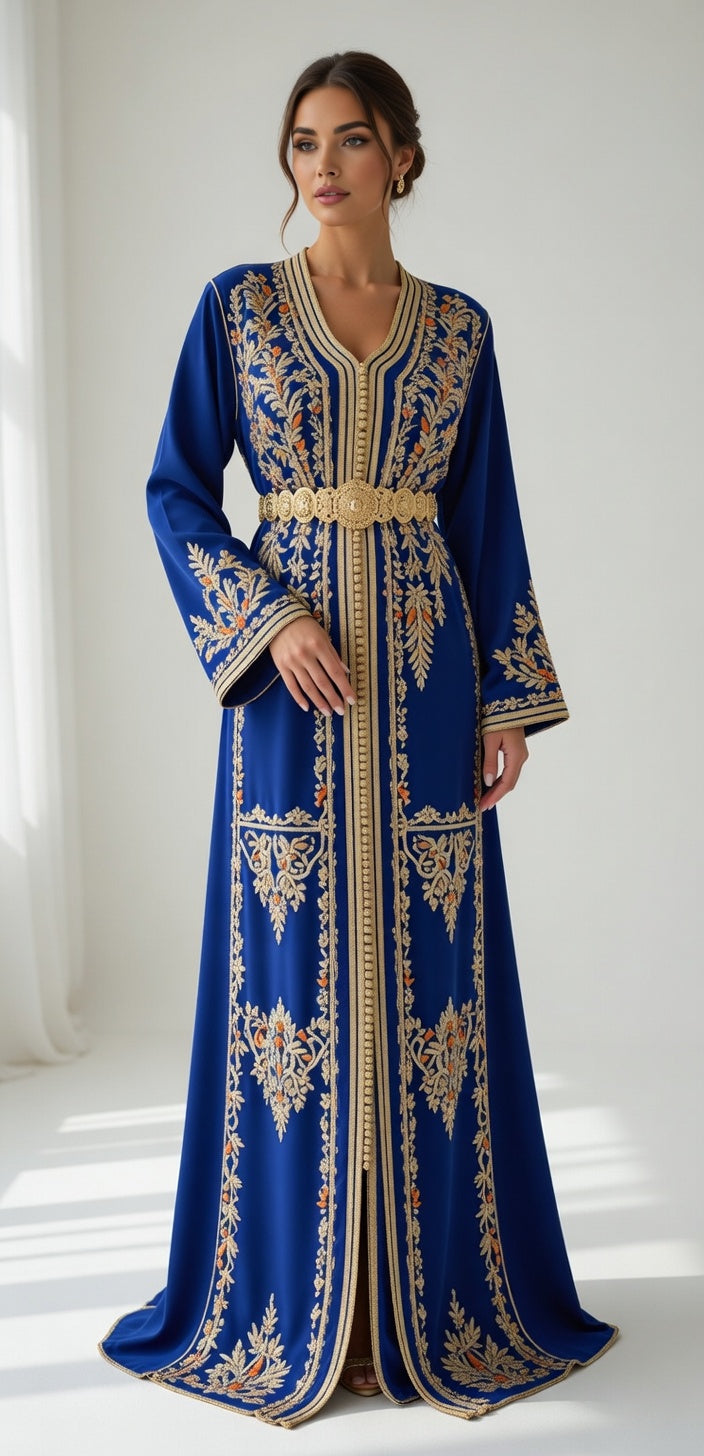 قفطان "ياقوتة المنارة" الأزرق الملكي مرصع بالذهب والأحجار