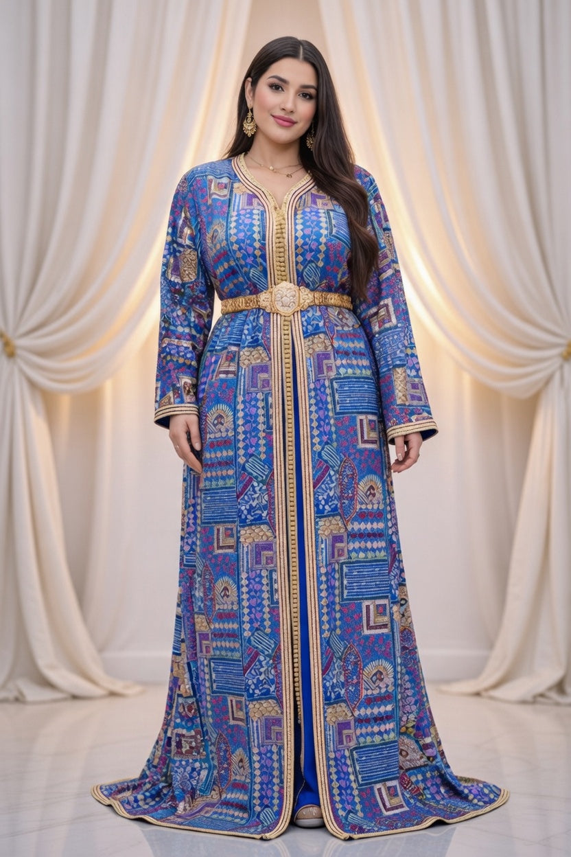 تكشيطة زرقاء فخمة بنقوش تقليدية وتطريز ذهبي