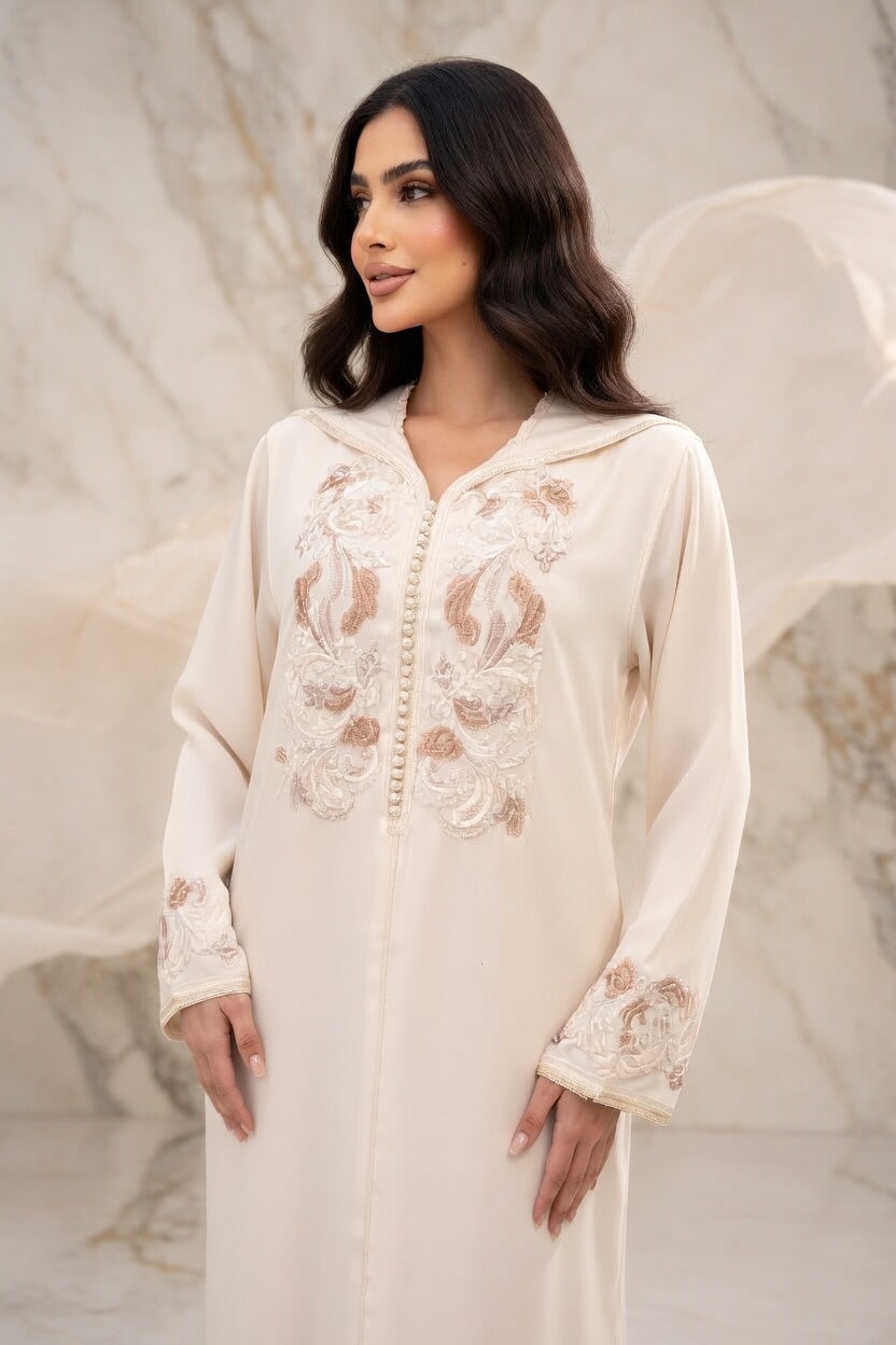 جلابة كريمية أنيقة بتطريز وردي فاخر