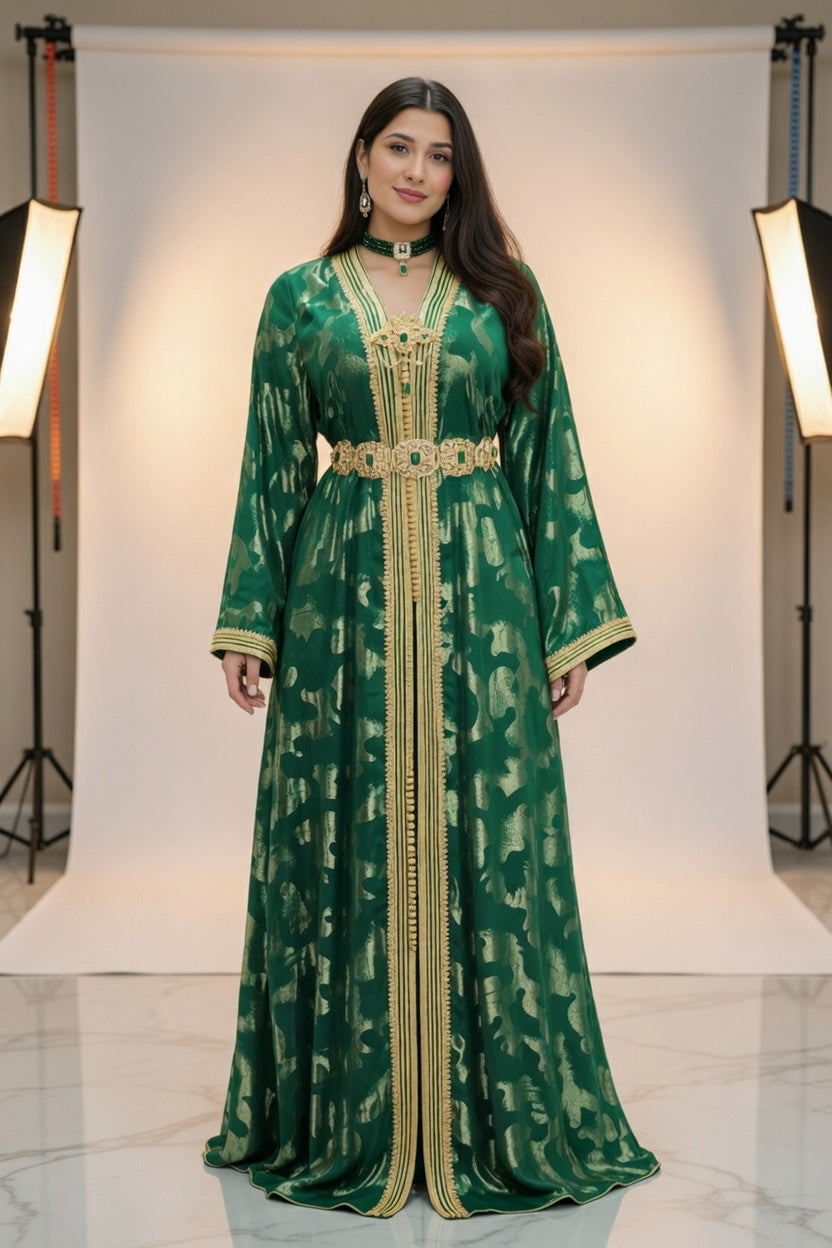 قفطان أخضر ملكي بتطريز ذهبي فاخر