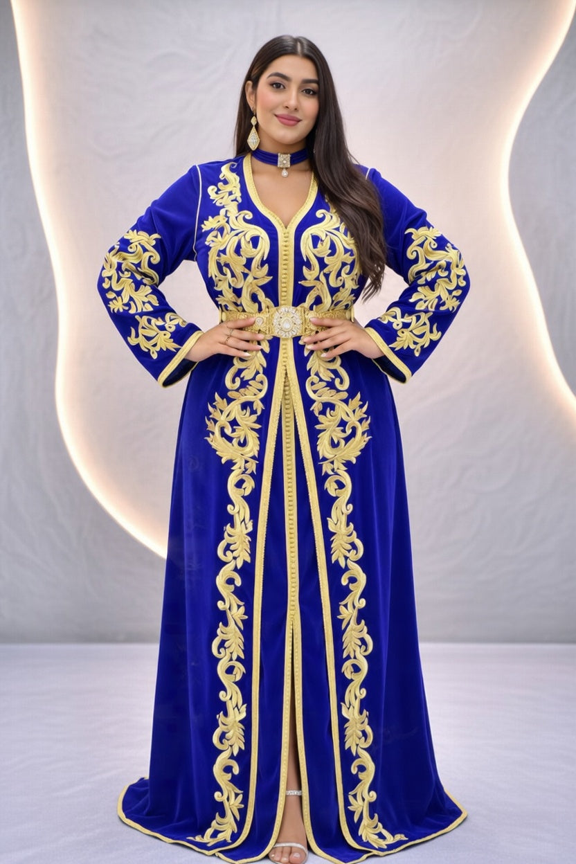 تكشيطة زرقاء ملكية بتطريز ذهبي فاخر