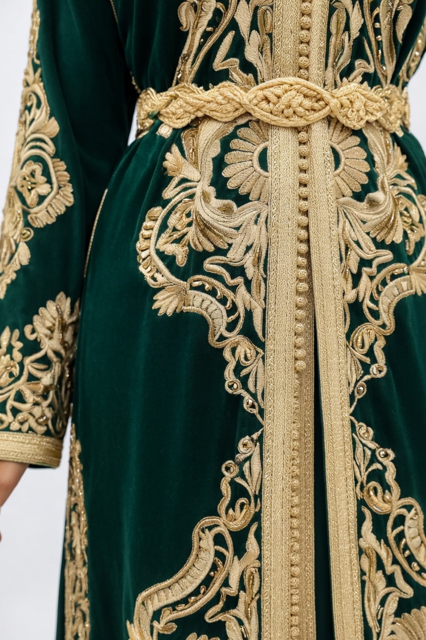 قفطان "زمردة الأطلس" الملكي بتطريز ذهبي عريض