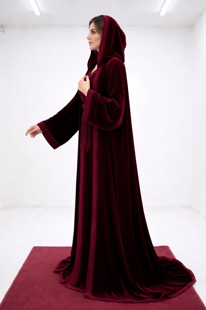 طقم "سلطانة الليل" العكري: قفطان وسلهام مخملي بتطريز ملكي