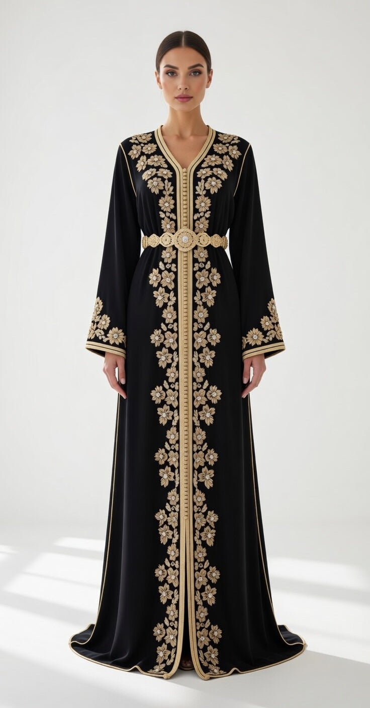 قفطان "جوهرة المنارة" الأسود الملكي المطرز بالذهب