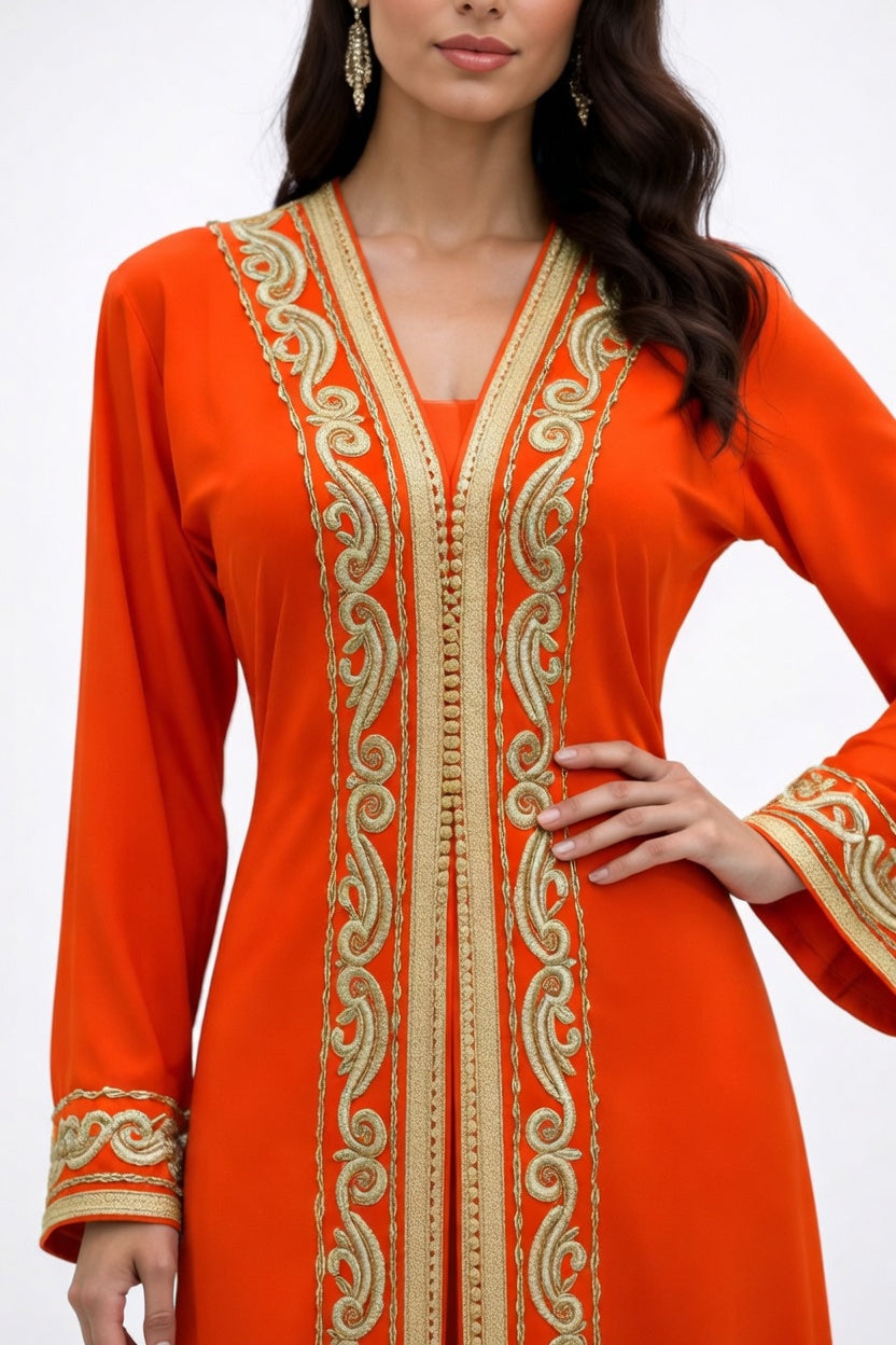 قفطان "شروق المنارة" البرتقالي بتطريز ذهبي انسيابي