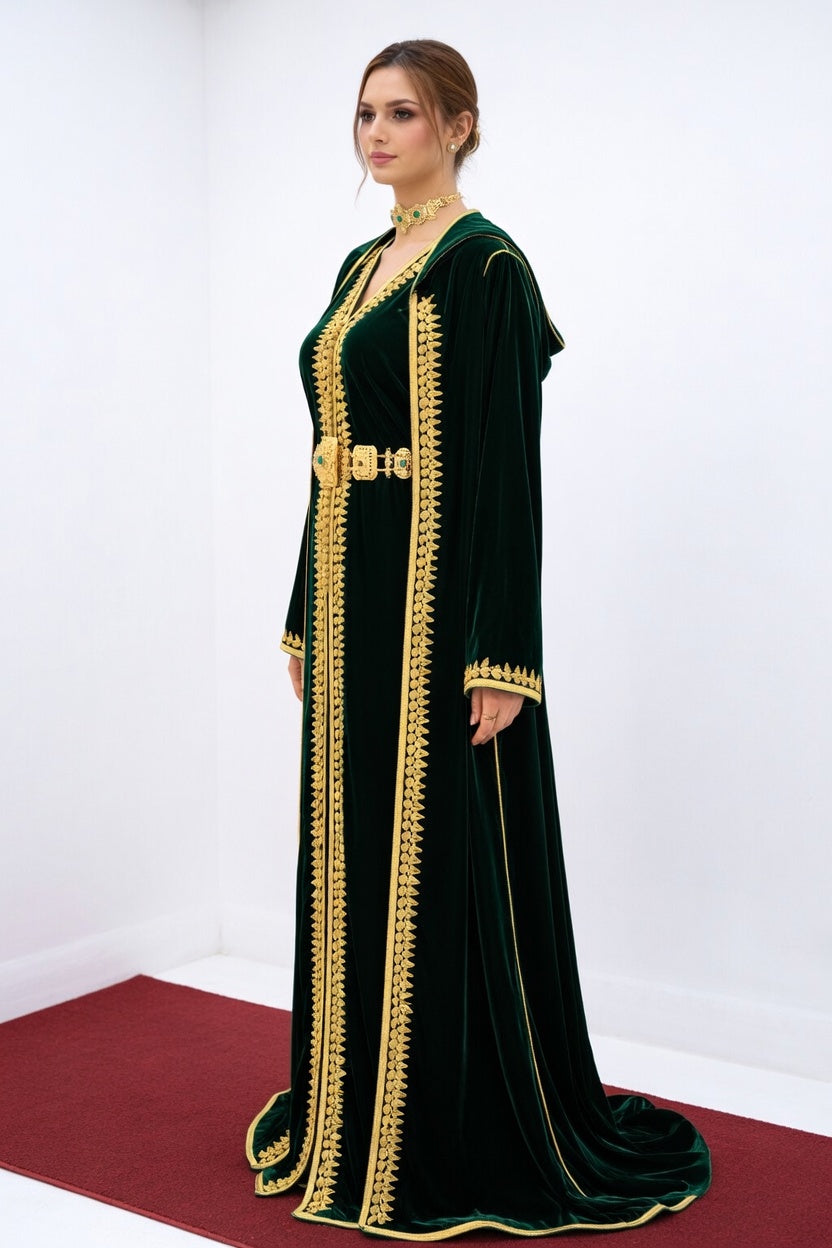 طقم "زمردة المنارة" الملكي: قفطان وسلهام من الموبرة الخضراء بتطريز ذهبي أصيل