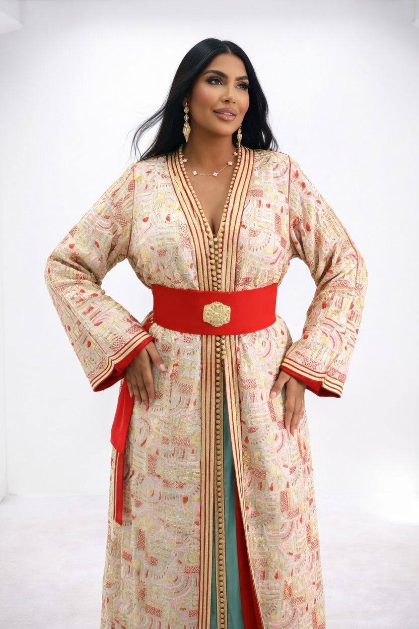 تكشيطة أنيقة باللون الكريمي مع حزام أحمر فاخر