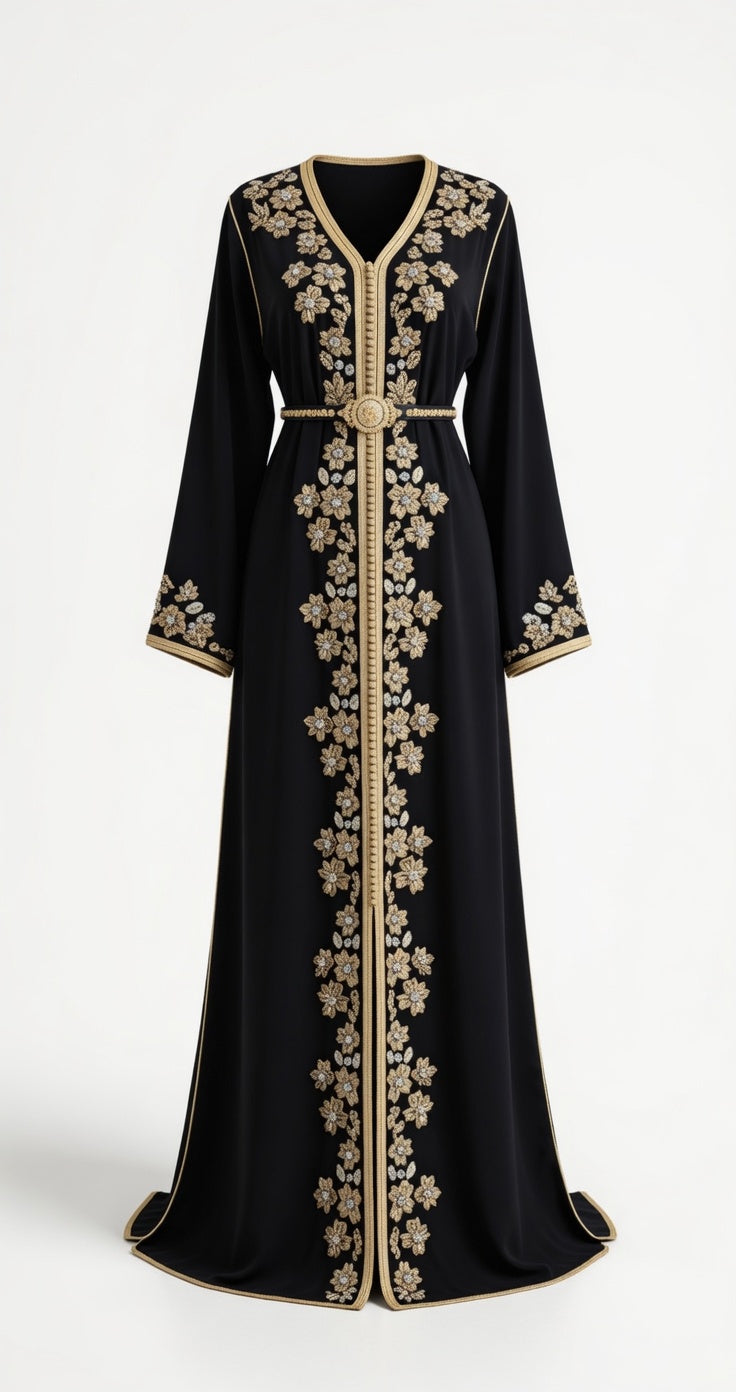 قفطان "جوهرة المنارة" الأسود الملكي المطرز بالذهب