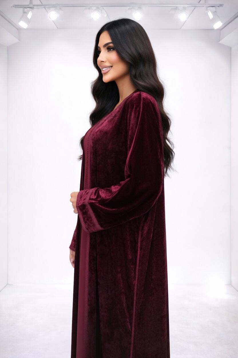 كيمونو مخملي فاخر مع قفطان ديالو – لون عنابي أنيق