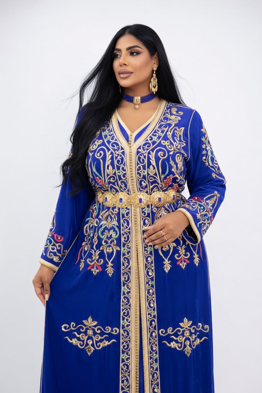 تكشيطة زرقاء ملكية بتطريز ذهبي فاخر