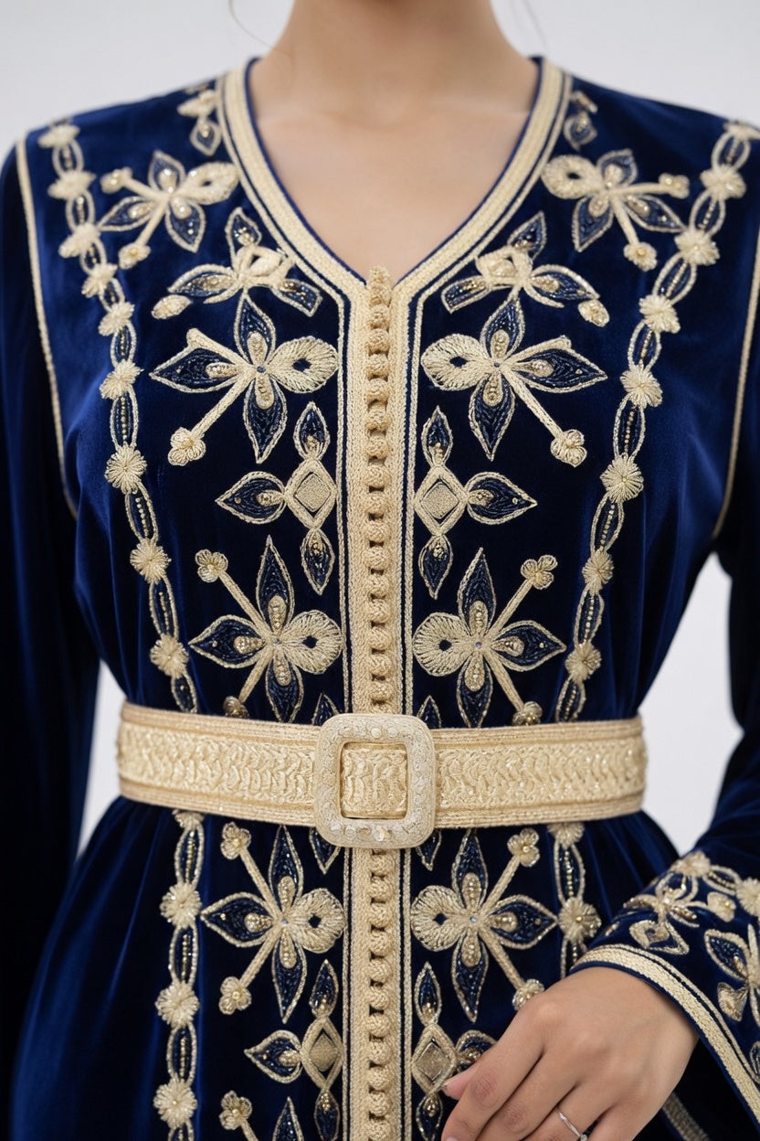 قفطان "ليالي الأطلس" من الموبرة الزرقاء بتطريز ذهبي ملكي