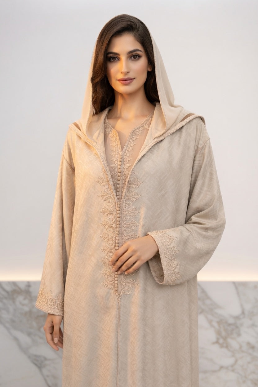 جلابة أنيقة بلون بيج مطرزة – جمالية مغربية عصرية