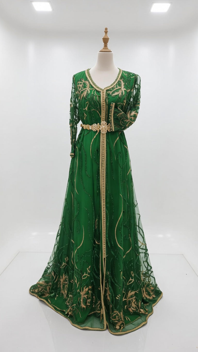 قفطان "نسمة المنارة" الأخضر الزمردي من الشيفون المرصع