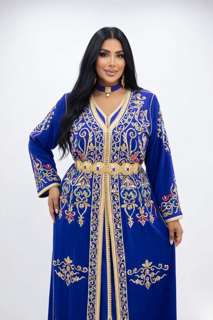 تكشيطة زرقاء ملكية بتطريز ذهبي فاخر