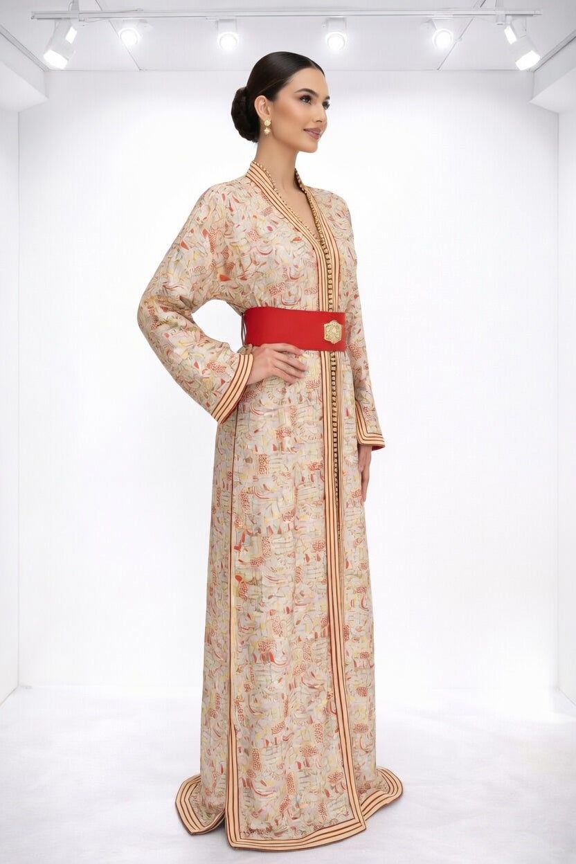 تكشيطة بيج بنقوش تقليدية مع حزام أحمر أنيق