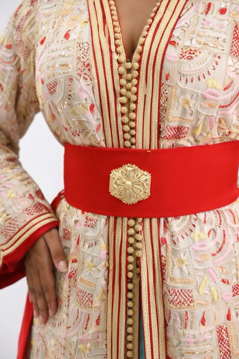 تكشيطة أنيقة باللون الكريمي مع حزام أحمر فاخر