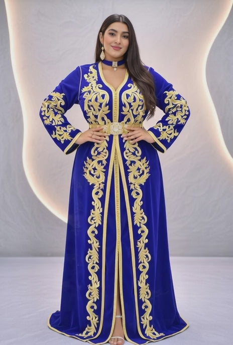 تكشيطة زرقاء ملكية بتطريز ذهبي فاخر