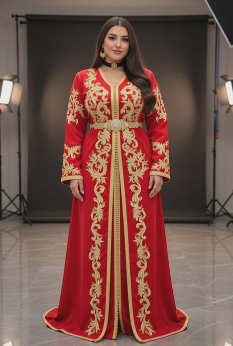 تكشيطة حمراء فخمة بتطريز ذهبي راقي