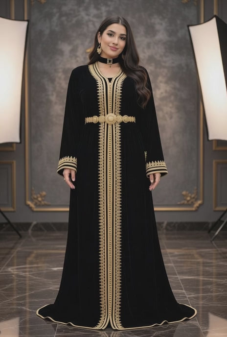 تكشيطة سوداء مخملية بتطريز ذهبي فاخر