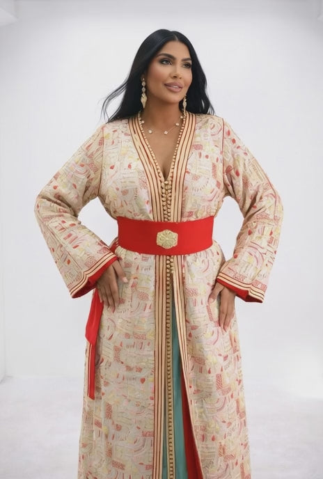 تكشيطة أنيقة باللون الكريمي مع حزام أحمر فاخر