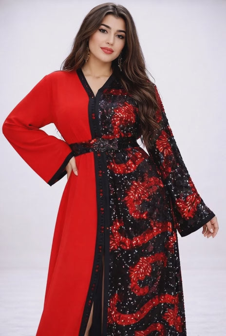 تكشيطة حمراء وسوداء بالترتر – تصميم فاخر للسهرات