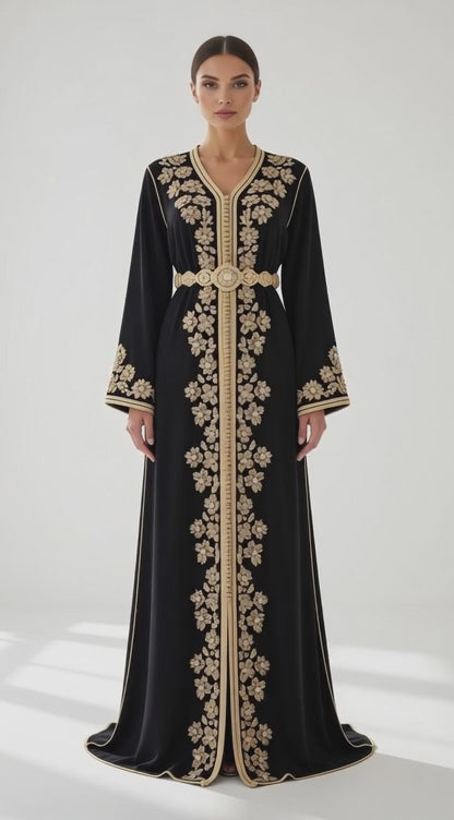 قفطان "جوهرة المنارة" الأسود الملكي المطرز بالذهب