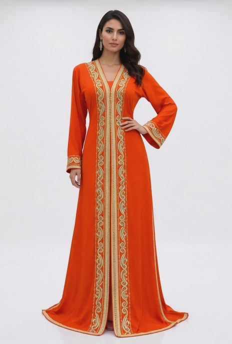 قفطان "شروق المنارة" البرتقالي بتطريز ذهبي انسيابي