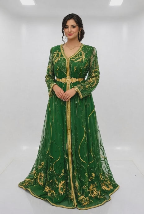 قفطان "نسمة المنارة" الأخضر الزمردي من الشيفون المرصع