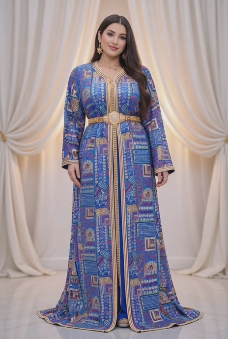 تكشيطة زرقاء فخمة بنقوش تقليدية وتطريز ذهبي