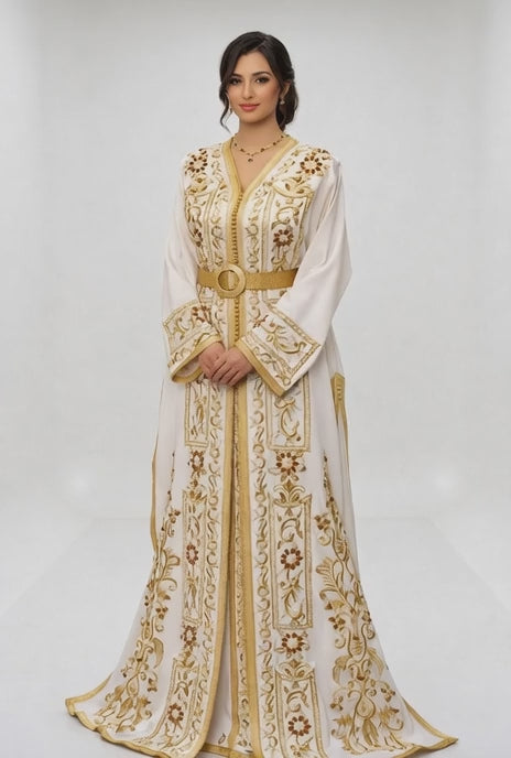 قفطان "لؤلؤة المنارة" الأبيض الملكي بطرز النخبة والمرصع يدوياً
