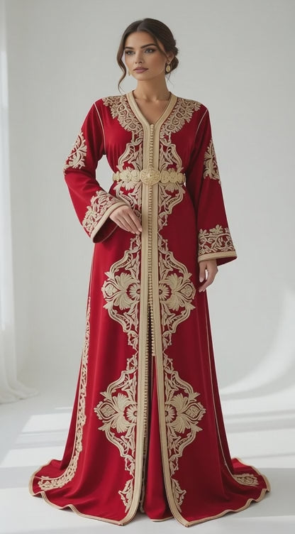 قفطان "سلطانة المنارة" الأحمر المخملي بالطرز الذهبي الأصيل