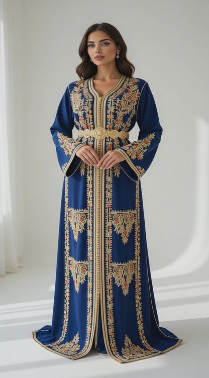 قفطان "ياقوتة المنارة" الأزرق الملكي مرصع بالذهب والأحجار